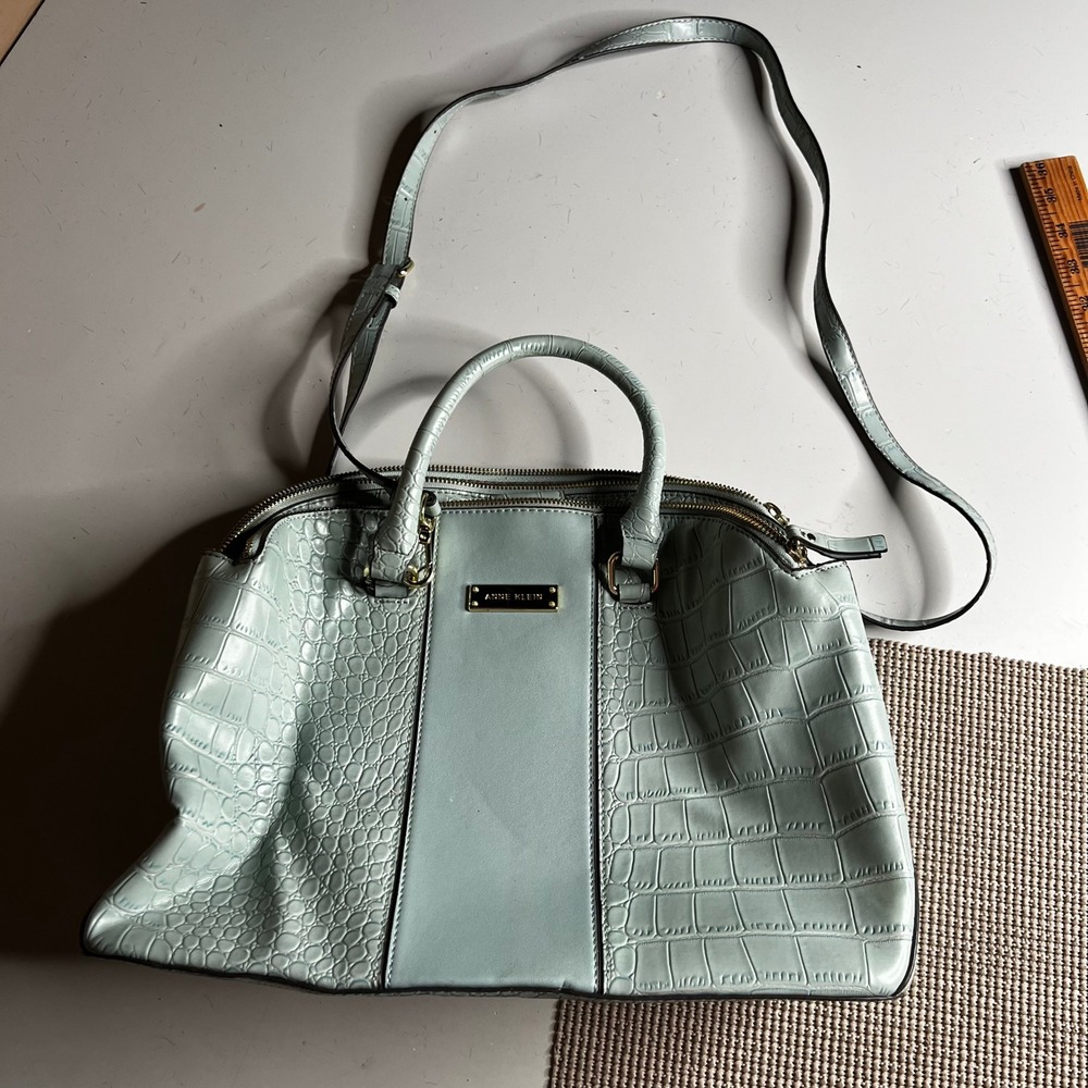 Anne Klein Mint Green Croc Embossed Satchel Crossbody Bag Gold Hardware